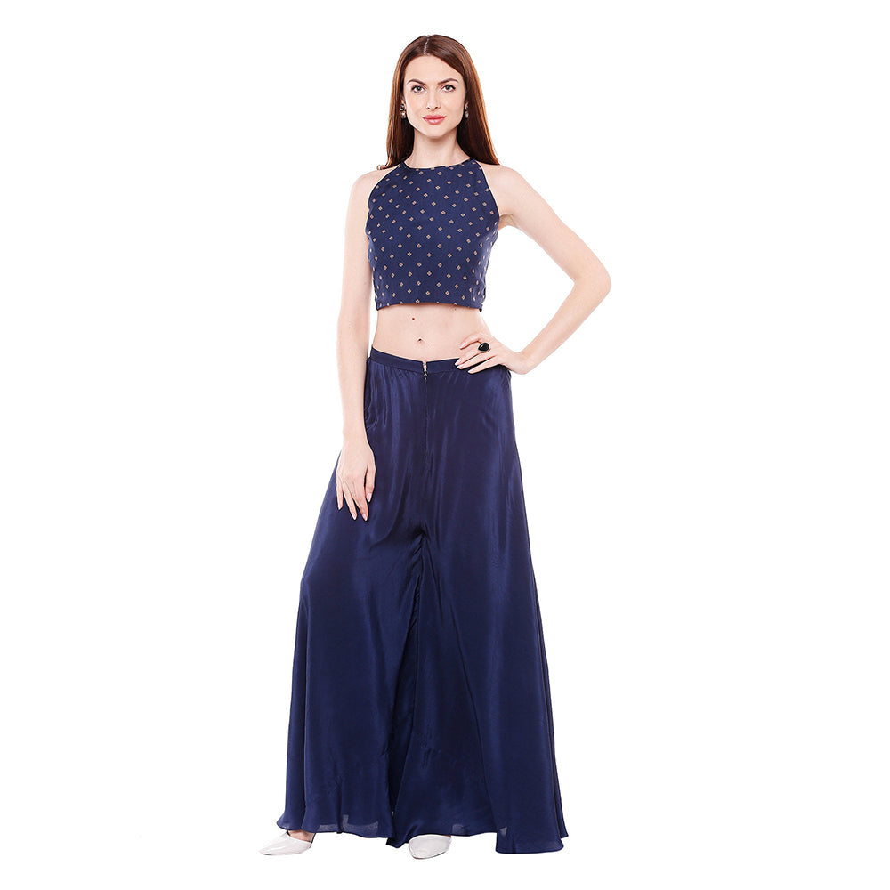 Soup by Sougat Paul Navy Blue Crop Top With Palazzo & Jacket (Set of 3)