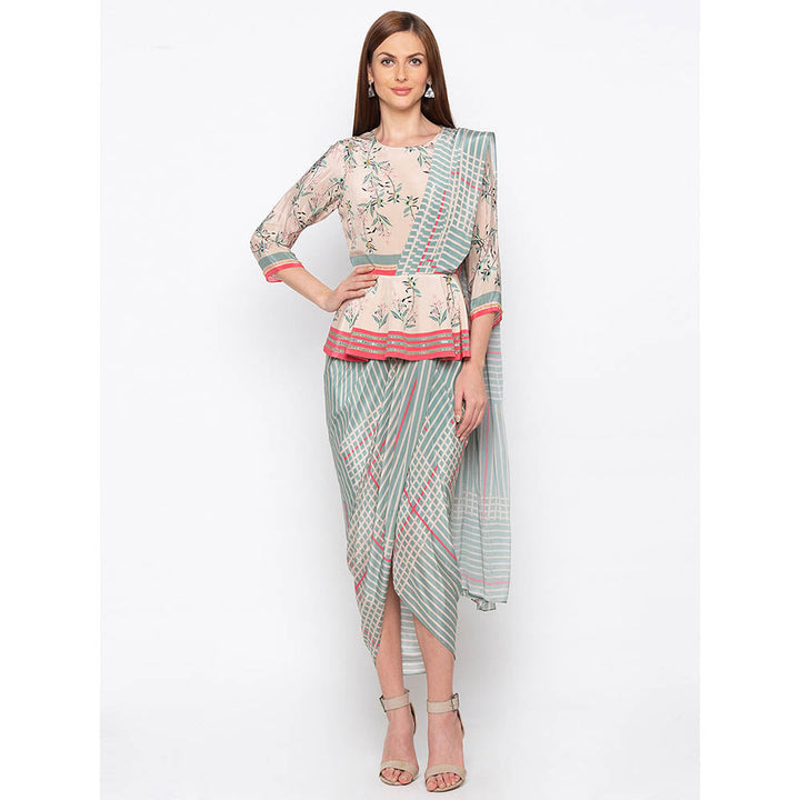 Soup by Sougat Paul Beige Printed Drape Dress With Attached Dupatta