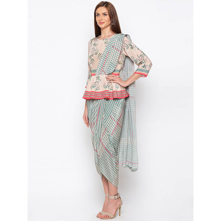 Soup by Sougat Paul Beige Printed Drape Dress With Attached Dupatta