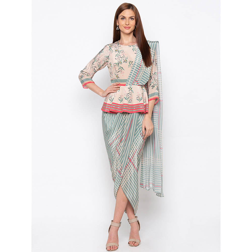 Soup by Sougat Paul Beige Printed Drape Dress With Attached Dupatta