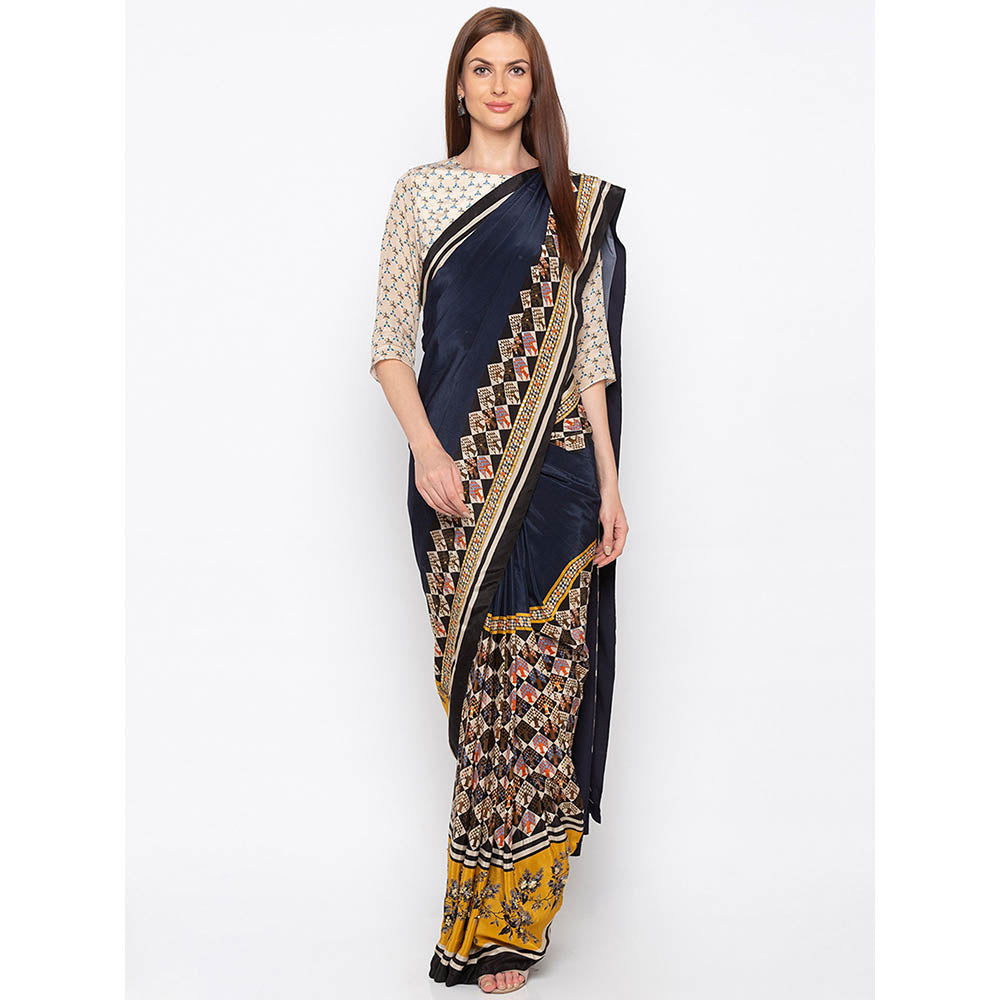 Soup by Sougat Paul Navy Blue Pre-Stitched Saree With Blouse