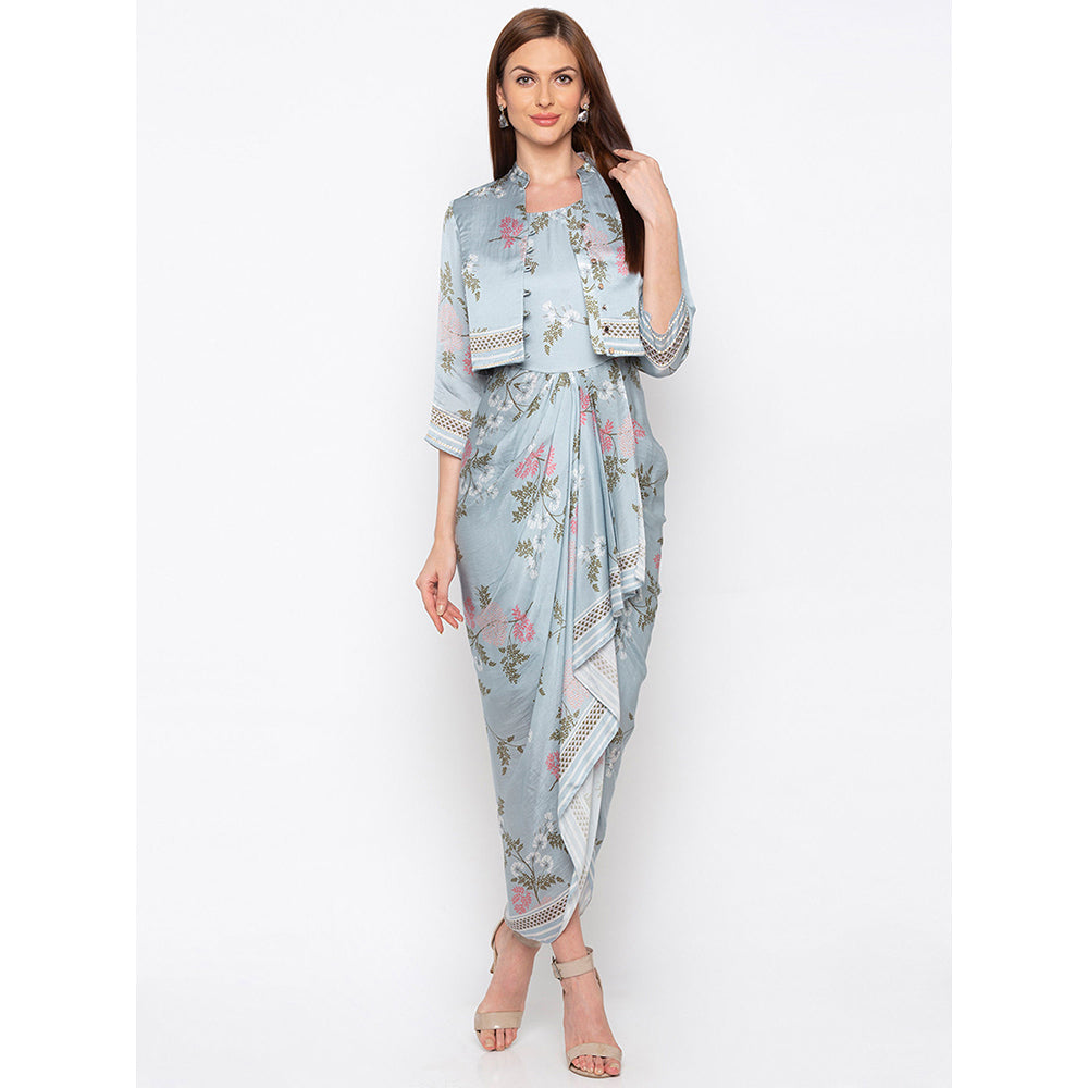 Soup by Sougat Paul Blue Printed Dress With Jacket (Set of 2)