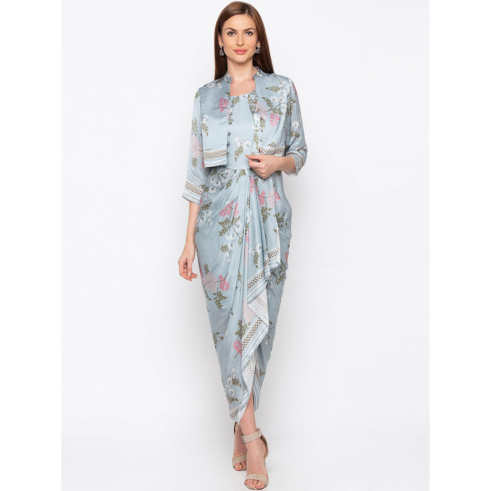 Soup by Sougat Paul Blue Printed Dress With Jacket (Set of 2)