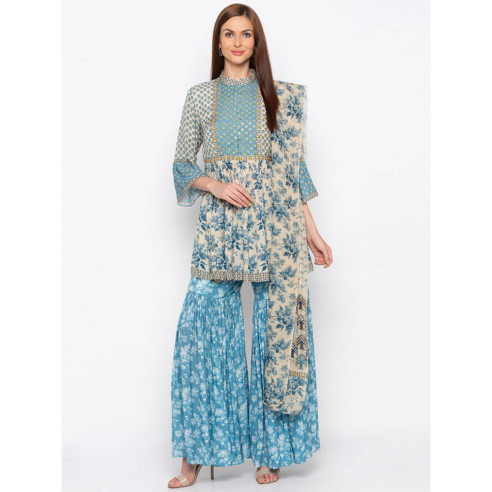 Soup by Sougat Paul Beige Printed Kurta With Sharara And Dupatta (Set of 3)