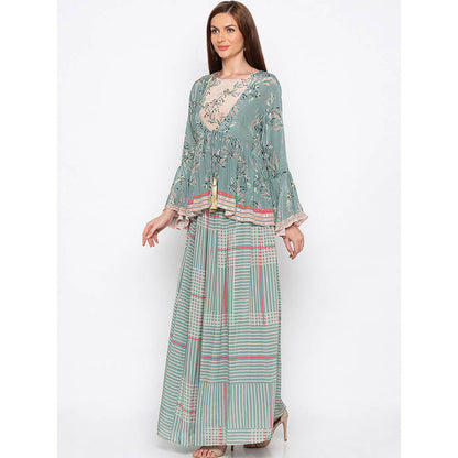 Soup by Sougat Paul Beige Printed Crop Top With Skirt And Jacket (Set of 3)