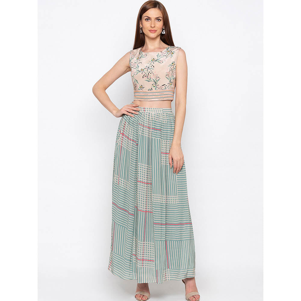 Soup by Sougat Paul Beige Printed Crop Top With Skirt And Jacket (Set of 3)