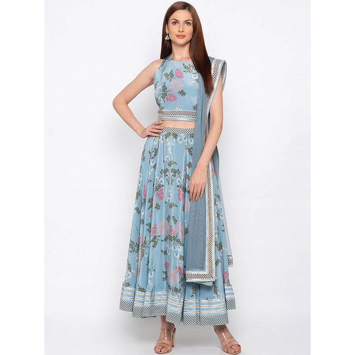 Soup by Sougat Paul Blue Printed Crop Top With Lehenga And Dupatta (Set of 3)