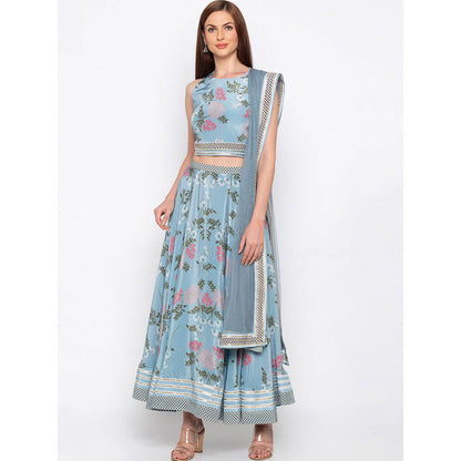 Soup by Sougat Paul Blue Printed Crop Top With Lehenga And Dupatta (Set of 3)