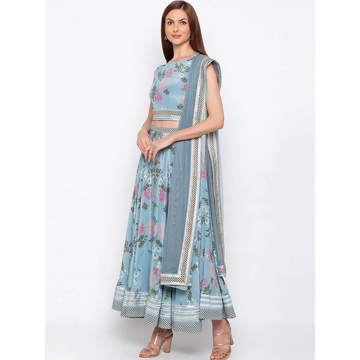 Soup by Sougat Paul Blue Printed Crop Top With Lehenga And Dupatta (Set of 3)