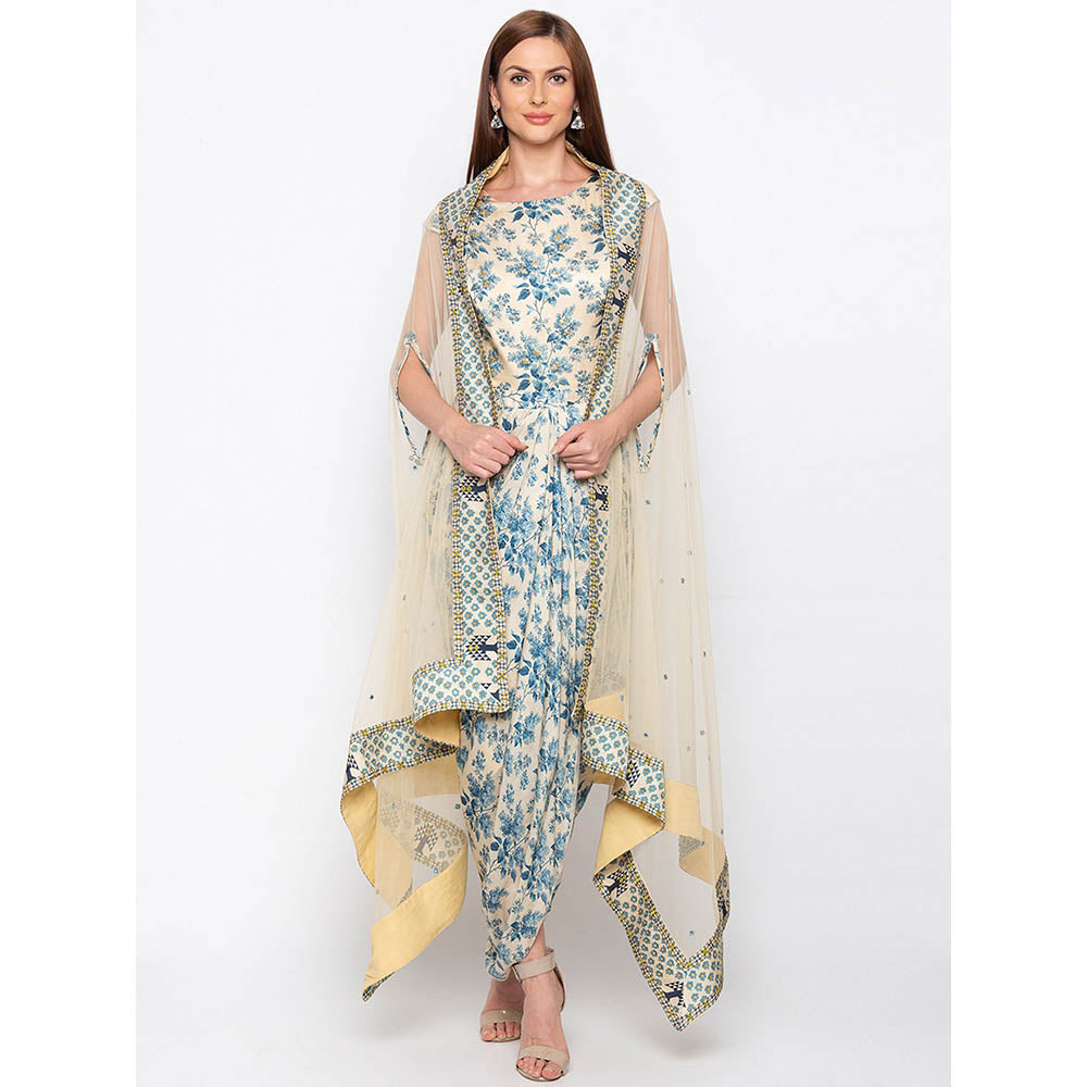 Soup by Sougat Paul Beige Printed Dress With Cape (Set of 2)