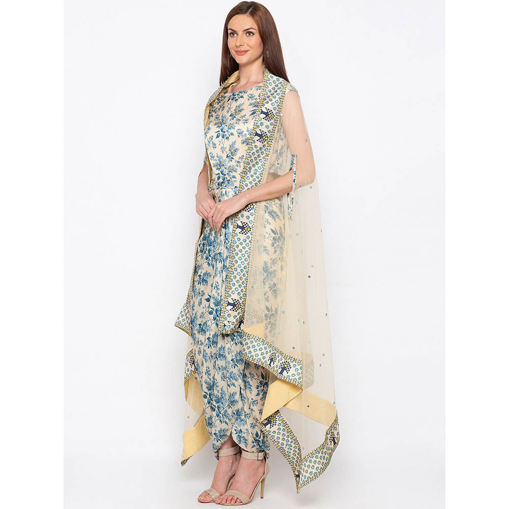 Soup by Sougat Paul Beige Printed Dress With Cape (Set of 2)