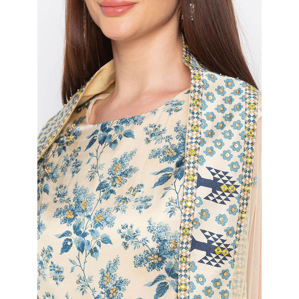 Soup by Sougat Paul Beige Printed Dress With Cape (Set of 2)