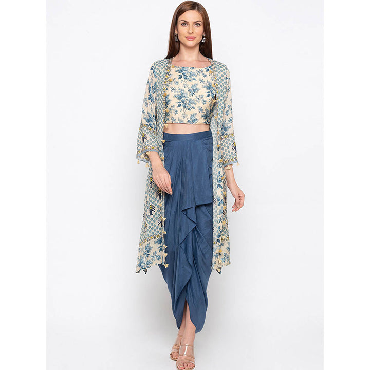 Soup by Sougat Paul Beige Printed Crop Top With Drape Skirt And Jacket (Set of 3)