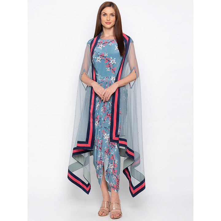 Soup by Sougat Paul Blue Printed Drape Dress With Cape (Set of 2)