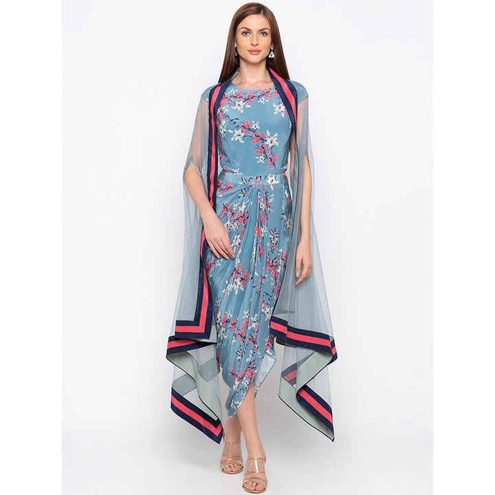 Soup by Sougat Paul Blue Printed Drape Dress With Cape (Set of 2)