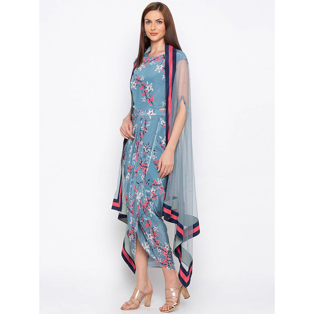 Soup by Sougat Paul Blue Printed Drape Dress With Cape (Set of 2)