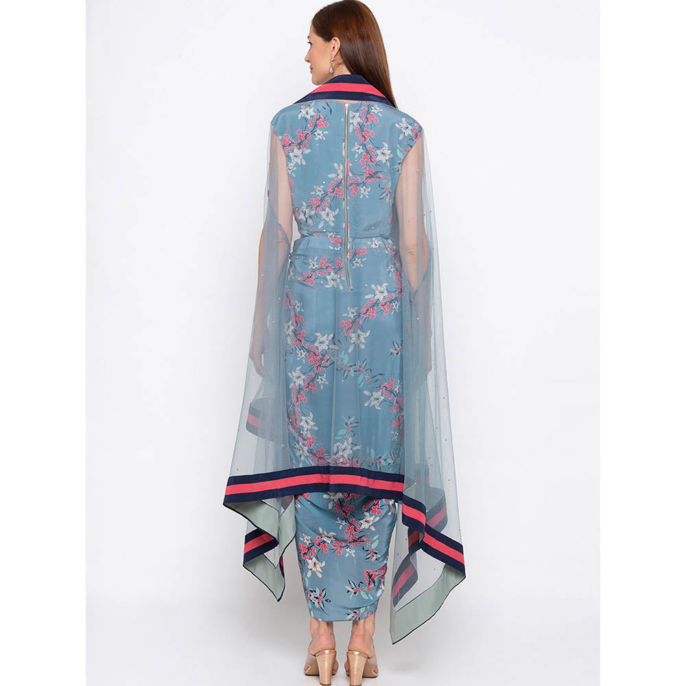 Soup by Sougat Paul Blue Printed Drape Dress With Cape (Set of 2)