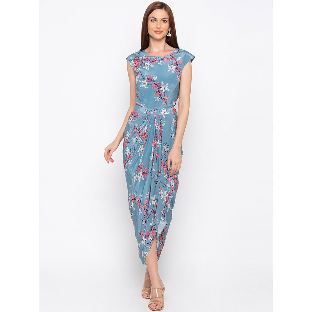 Soup by Sougat Paul Blue Printed Drape Dress With Cape (Set of 2)