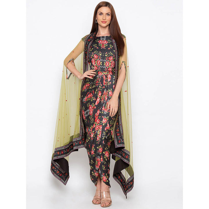 Soup by Sougat Paul Black Floral Printed Drape Dress With Cape (Set of 2)