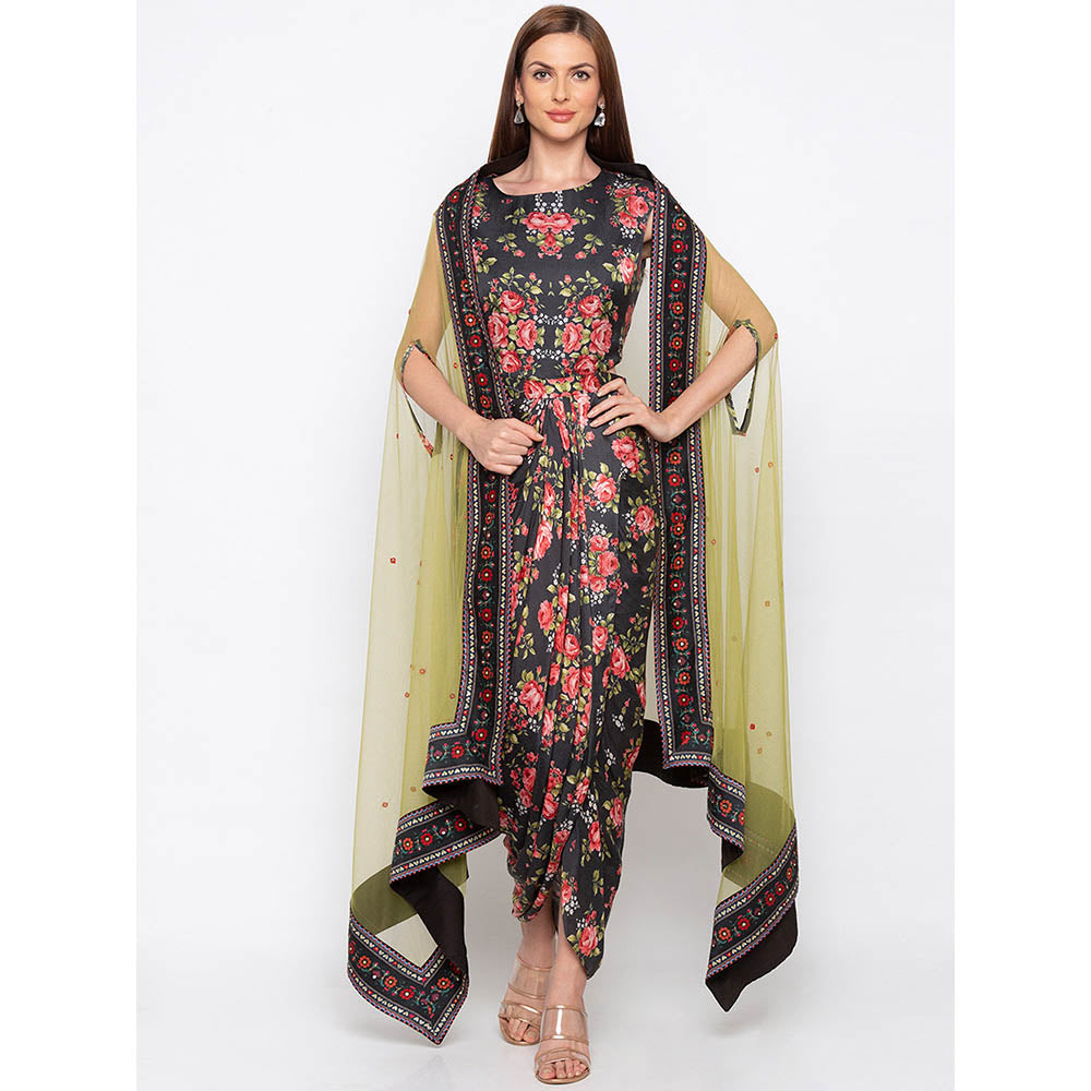 Soup by Sougat Paul Black Floral Printed Drape Dress With Cape (Set of 2)