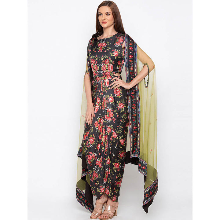 Soup by Sougat Paul Black Floral Printed Drape Dress With Cape (Set of 2)