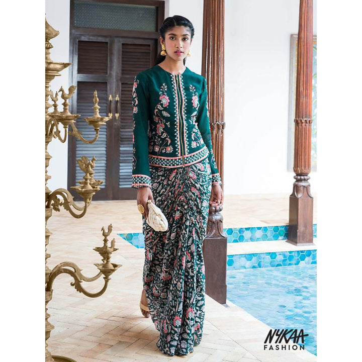 Soup by Sougat Paul Green Printed Jacket With Drape Skirt (Set of 2)