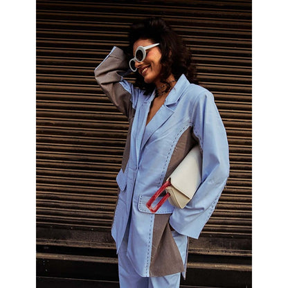 SPACE Riri Two Piece Blue Color Blocked Co-Ord Set