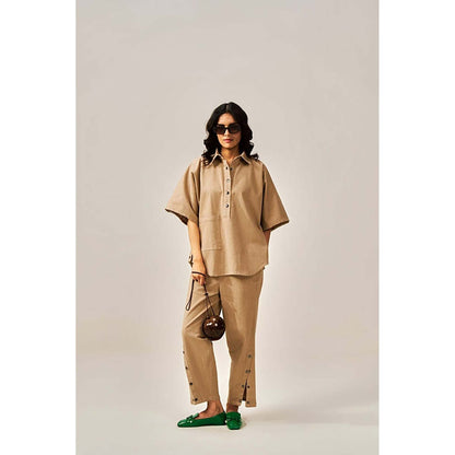 SPACE Dolla Two Piece Brown Mid Length Top And Elastic Pant