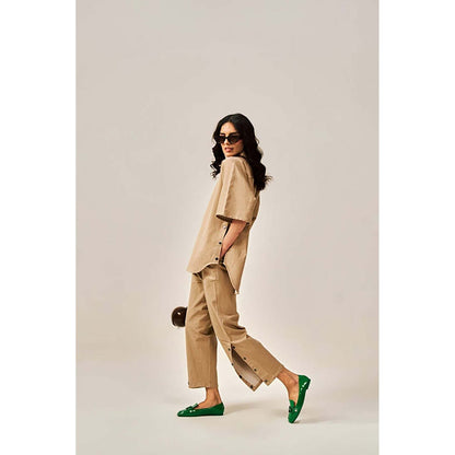 SPACE Dolla Two Piece Brown Mid Length Top And Elastic Pant