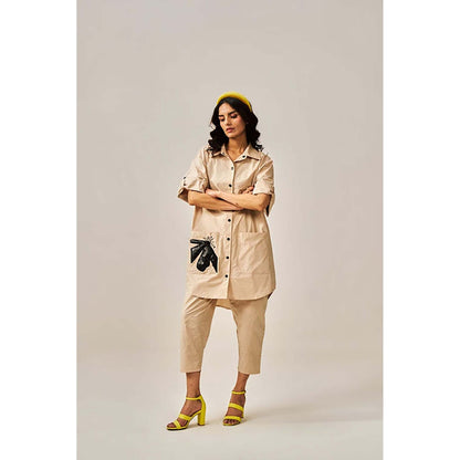 SPACE Two Piece Brown Tunic Style Shirt And Elasticated Pant