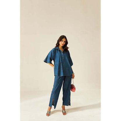 SPACE Dolla Two Piece Blue Mid Length Top And Elastic Pant