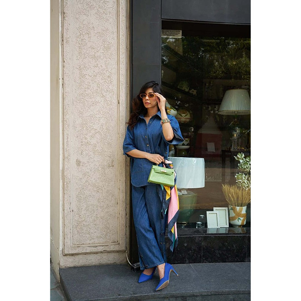 SPACE Dolla Two Piece Blue Mid Length Top And Elastic Pant