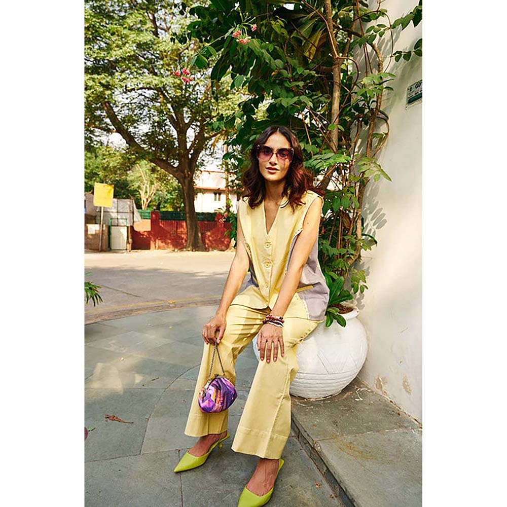 SPACE Nun-Kun Two Piece Yellow Color Blocked Co-Ord Set