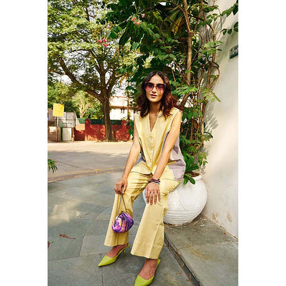 SPACE Nun-Kun Two Piece Yellow Color Blocked Co-Ord Set