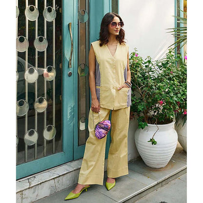 SPACE Nun-Kun Two Piece Yellow Color Blocked Co-Ord Set