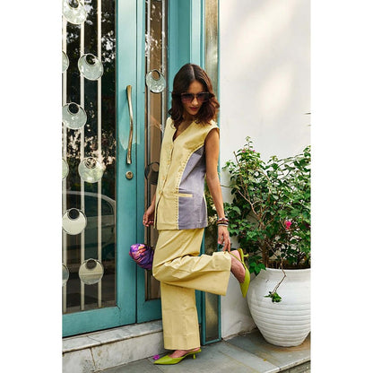 SPACE Nun-Kun Two Piece Yellow Color Blocked Co-Ord Set
