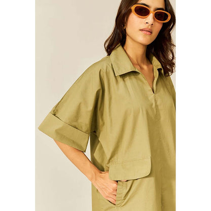 SPACE Cotton Brown Collar & Pockets Co-Ord Set