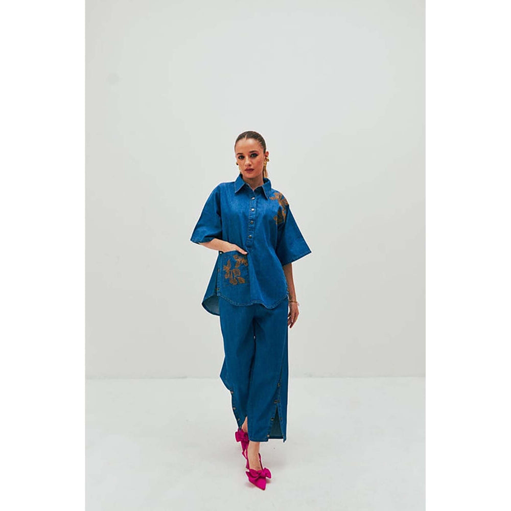 SPACE Dolla Two Piece Blue Mid Length Embroidered Co-Ord Set