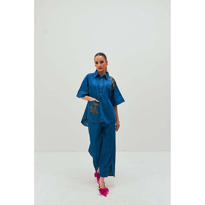 SPACE Dolla Two Piece Blue Mid Length Embroidered Co-Ord Set