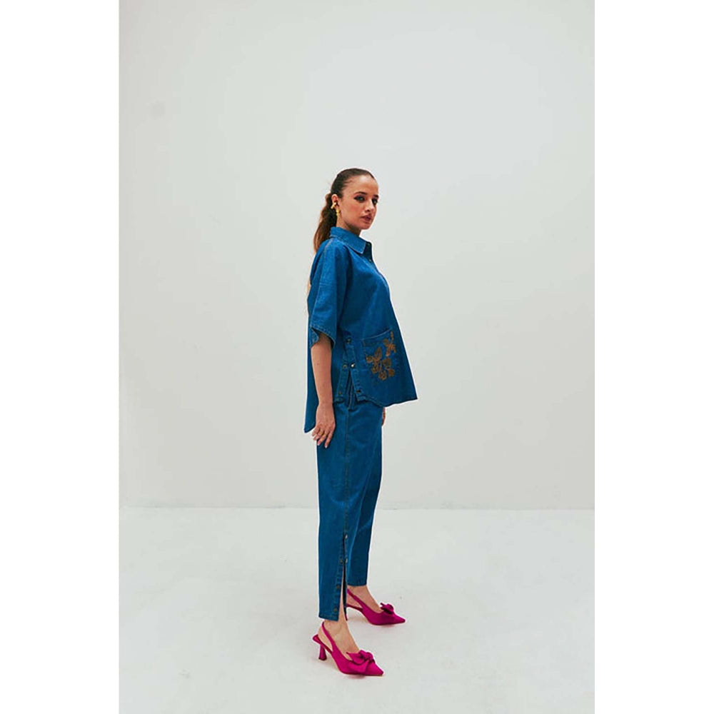 SPACE Dolla Two Piece Blue Mid Length Embroidered Co-Ord Set