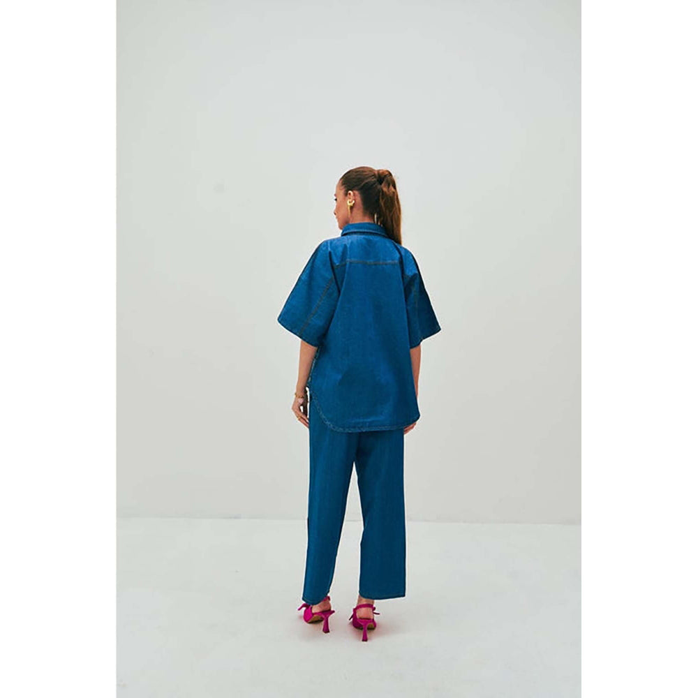 SPACE Dolla Two Piece Blue Mid Length Embroidered Co-Ord Set