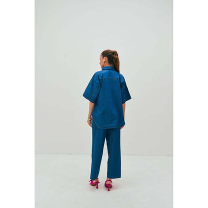 SPACE Dolla Two Piece Blue Mid Length Embroidered Co-Ord Set