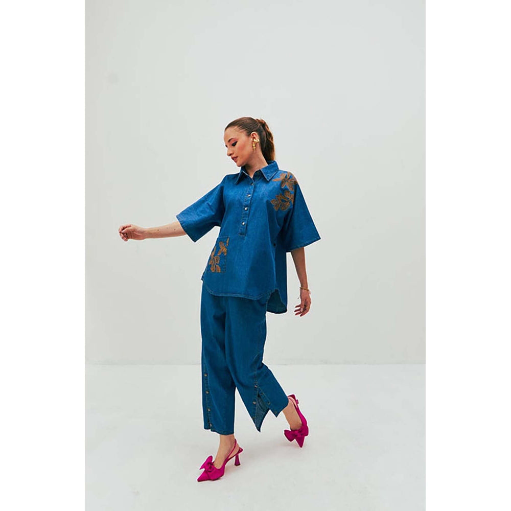 SPACE Dolla Two Piece Blue Mid Length Embroidered Co-Ord Set