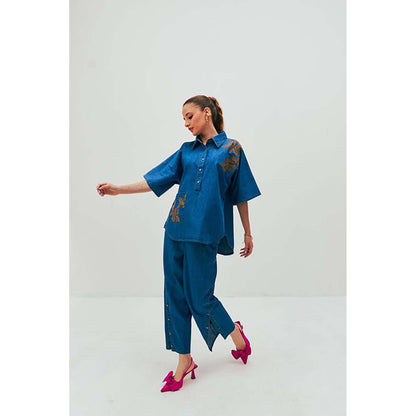 SPACE Dolla Two Piece Blue Mid Length Embroidered Co-Ord Set