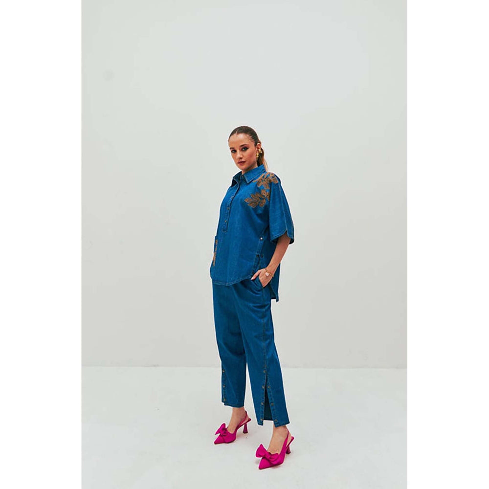 SPACE Dolla Two Piece Blue Mid Length Embroidered Co-Ord Set
