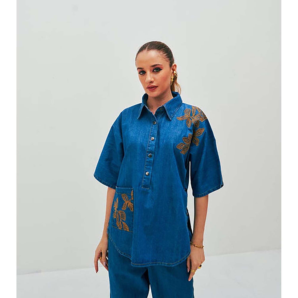 SPACE Dolla Two Piece Blue Mid Length Embroidered Co-Ord Set