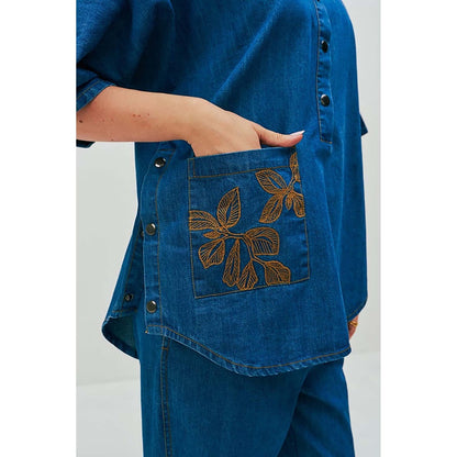 SPACE Dolla Two Piece Blue Mid Length Embroidered Co-Ord Set
