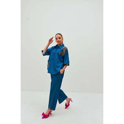 SPACE Dolla Two Piece Blue Mid Length Embroidered Co-Ord Set