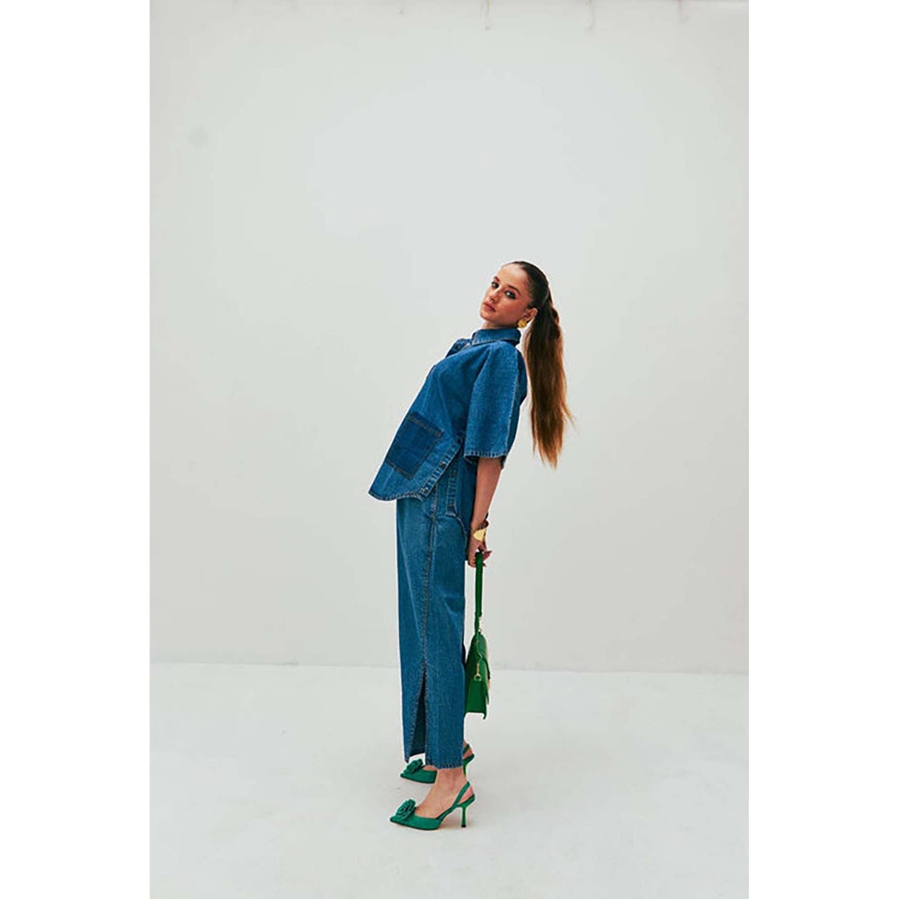 SPACE Dolla Blue Natural Cotton Pocketed Mid Length Co-Ord Set