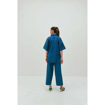 SPACE Dolla Blue Natural Cotton Pocketed Mid Length Co-Ord Set